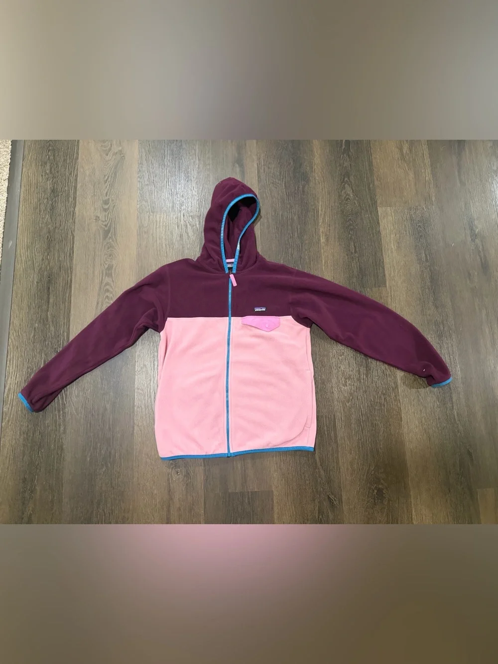 Patagonia Kids Hooded Fleece Jacket - Pink & Maroon with Blue Trim